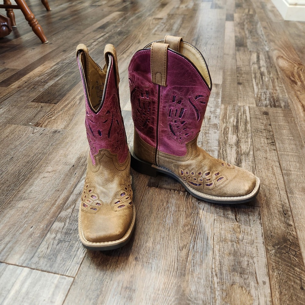 Shyanne Girls Tan Pink Glitter Filigree Square Toe Cowboy Boots 3 D Style 43161